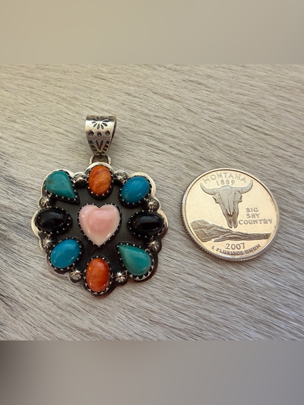 ❤️ MultiStone Turquoise Spiny Oyster Pink Conch Onyx Statement Pendant 12.3 Gms - Picture 4 of 13